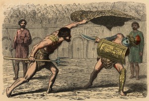 19 Oct 2012 --- Ancient Rome: Gladiator fights - Coloured engraving by Heinrich Leutemann (1824-1905) - Bilder aus dem Altertume (Pictures from Antiquity) 1866 --- Image by © Stefano Bianchetti/Corbis